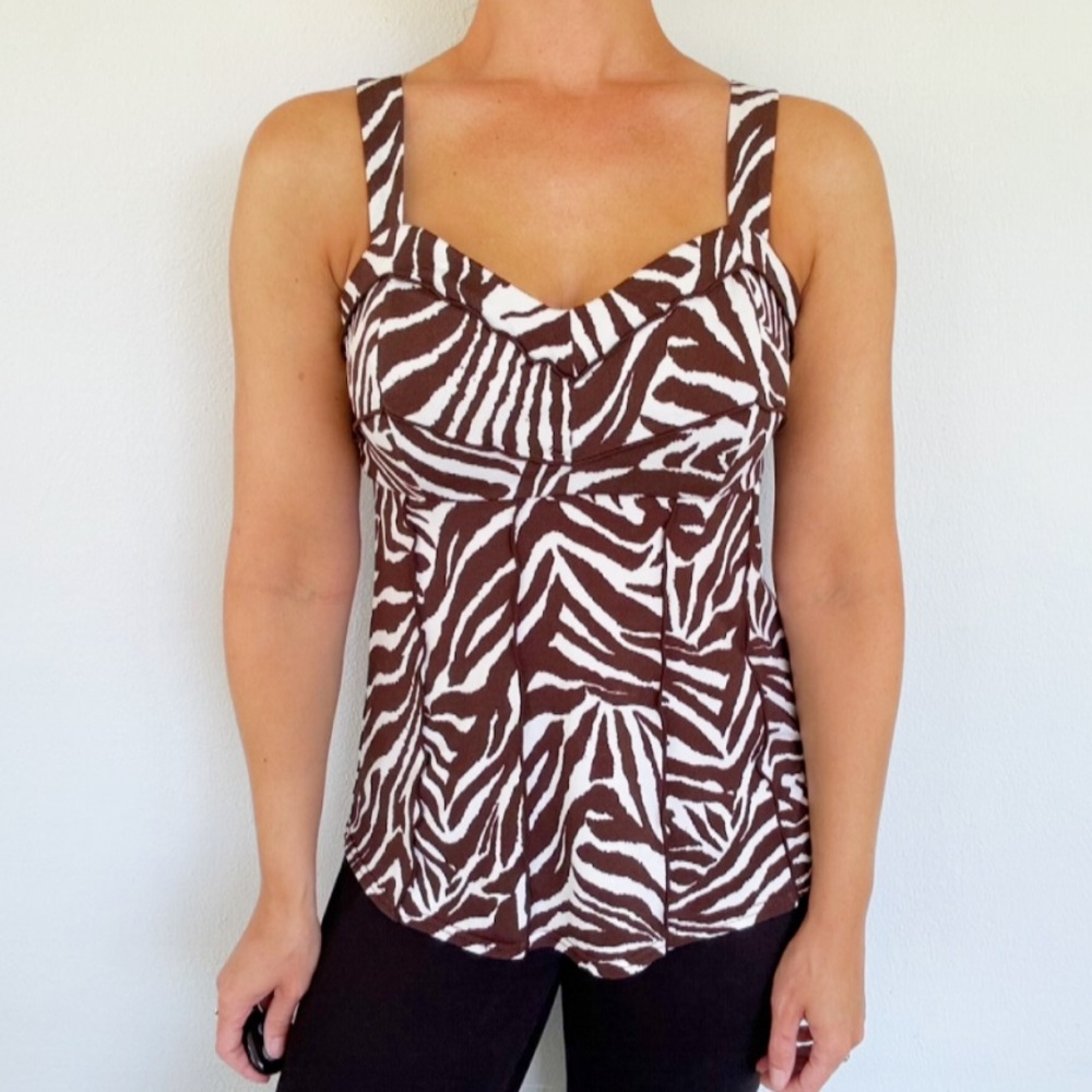 Sandra Darren brown white zebra print sweetheart neckline tank top blouse size 8